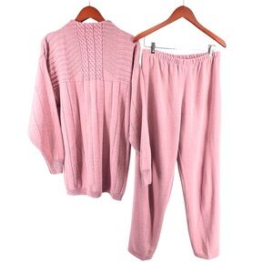 Vtg Courtney Rhodes Cable Knit Sweater Wool Blend Matching Pant Set L Pink Mauve